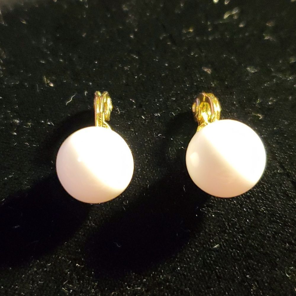 Vintage 1970's Monet Gold Tone White Lucite Bead Clip On Earrings